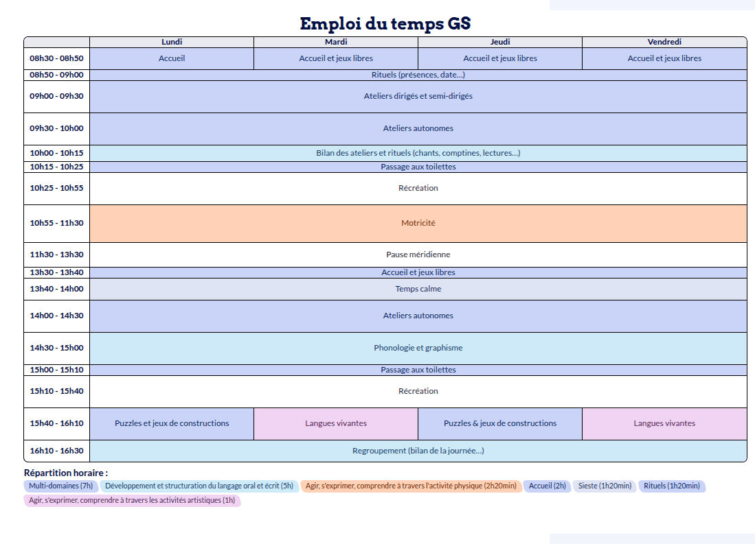 Modèle d'emploi du temps Maternelle - aperçu