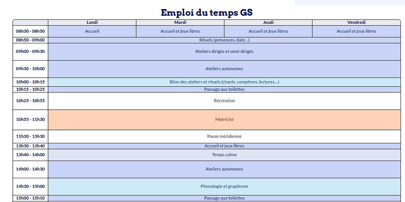 Modèle d'emploi du temps Maternelle - aperçu