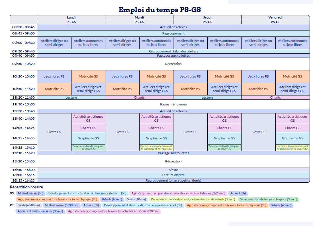 Modèle d'emploi du temps Maternelle - aperçu