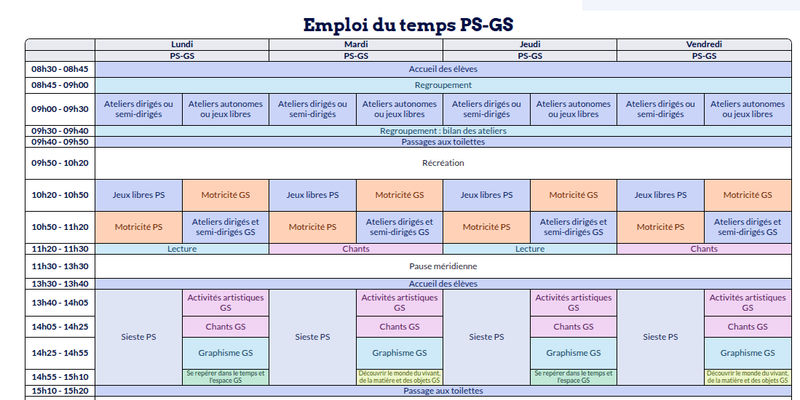 Modèle d'emploi du temps Maternelle - aperçu