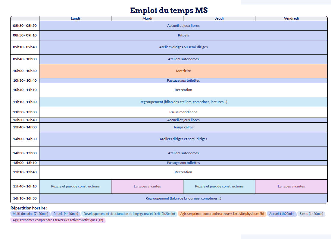 Modèle d'emploi du temps Maternelle - aperçu