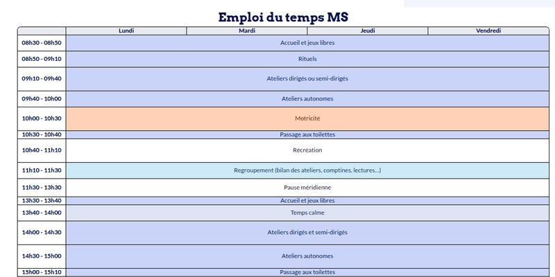 Modèle d'emploi du temps Maternelle - aperçu