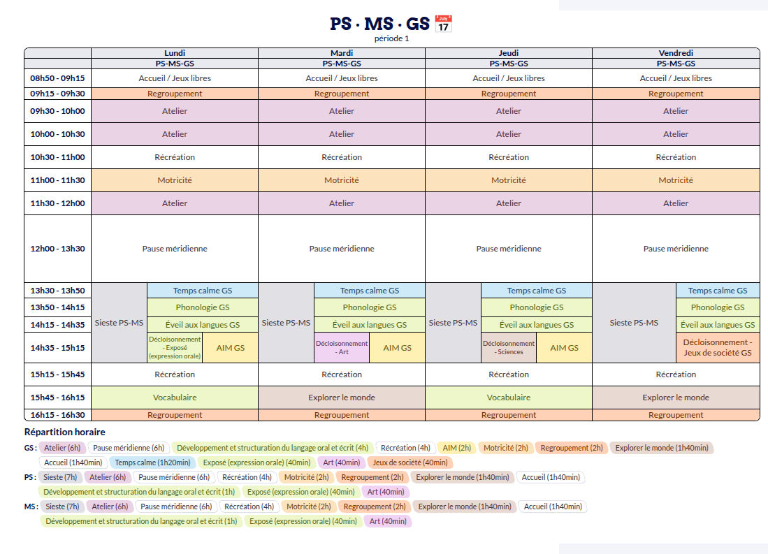 Modèle d'emploi du temps Maternelle - aperçu