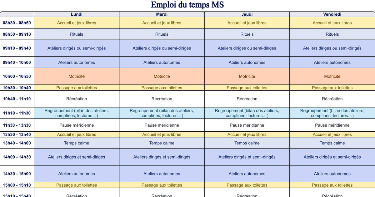 Emploi du temps MS - Modèle Cycle 1 - Teetsh