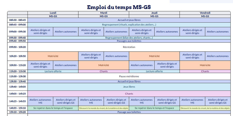 Modèle d'emploi du temps Maternelle MS-GS - aperçu