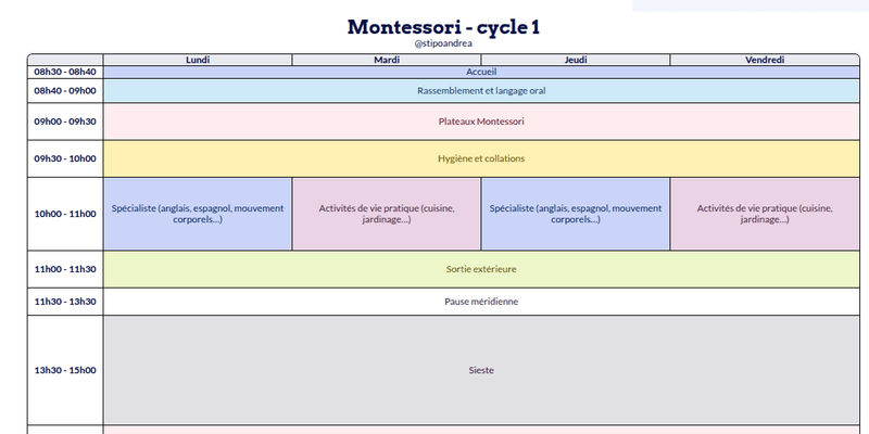 Modèle d'emploi du temps Montessori Cycle 1 - aperçu