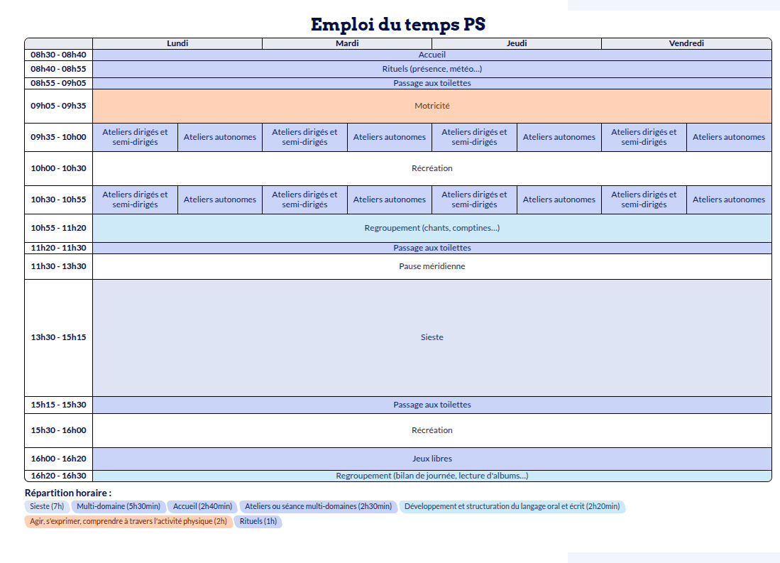 Modèle d'emploi du temps Petite Section - aperçu