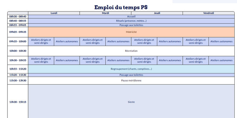Modèle d'emploi du temps Petite Section - aperçu