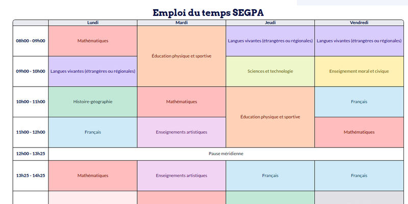 Modèle d'emploi du temps SEGPA - aperçu