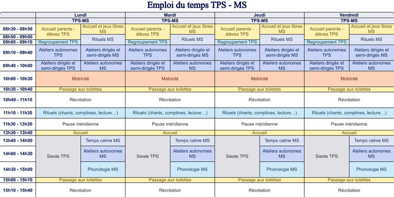 Modèle d'emploi du temps TPS - MS - aperçu