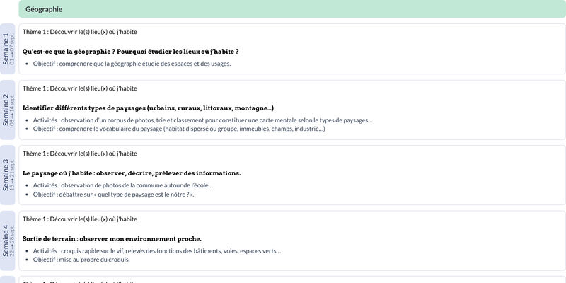 Modèle de programmation CM1 Histoire et géographie - aperçu