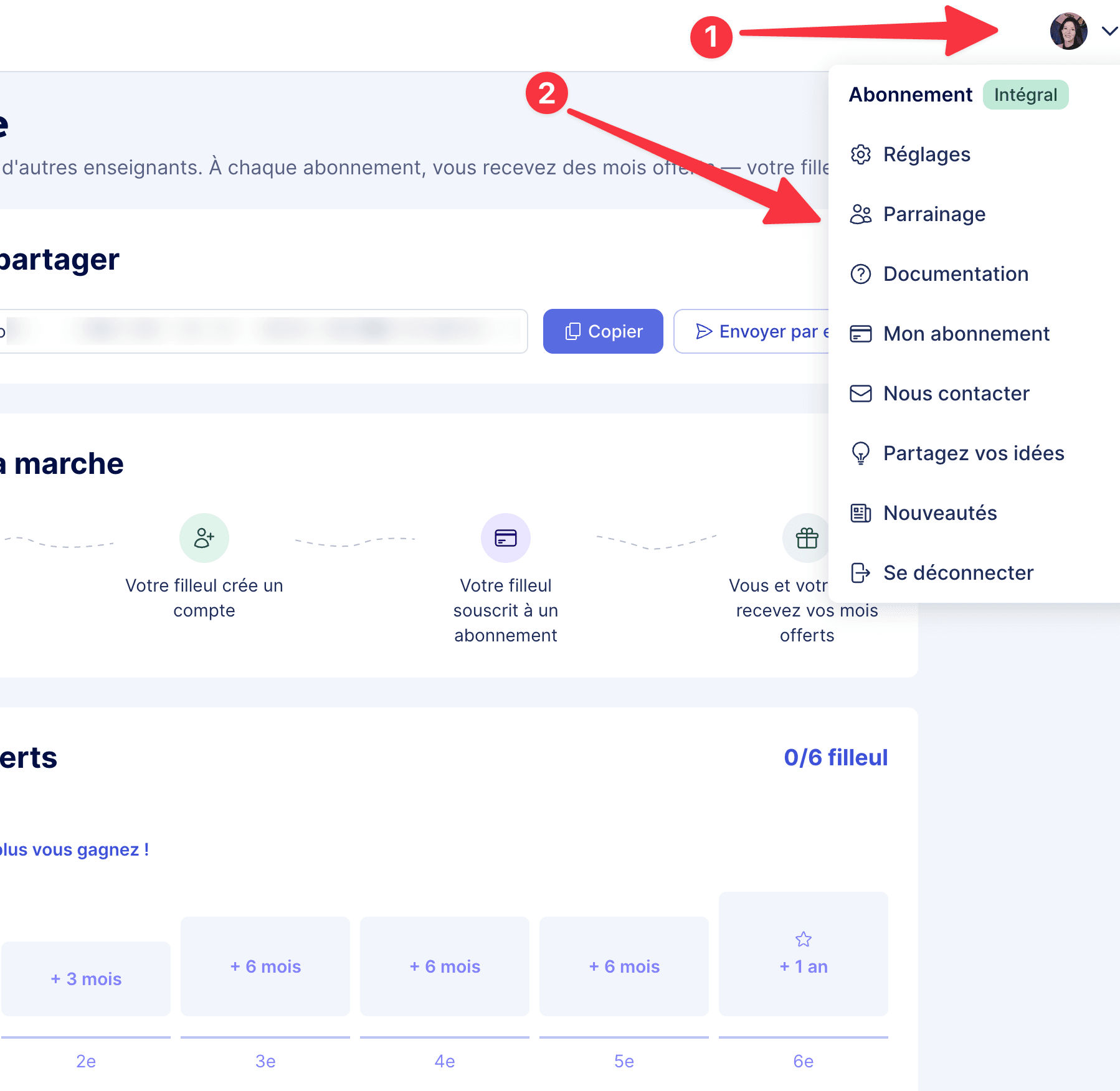Menu utilisateur déroulé sur Parrainage
