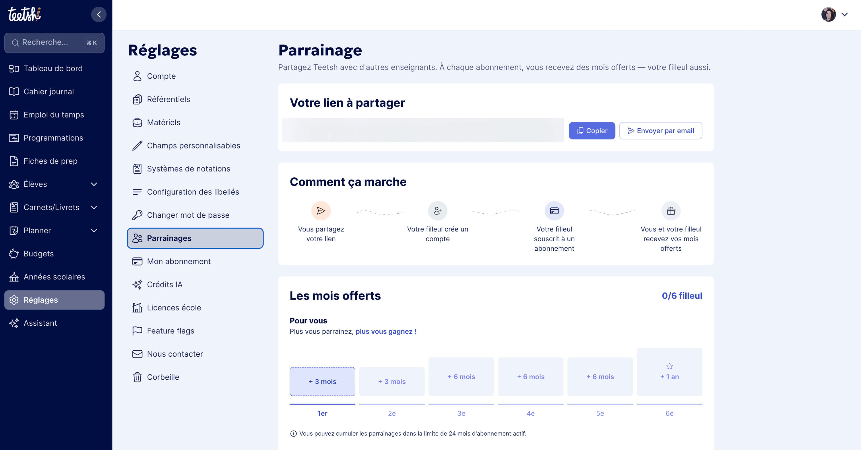 Page Parrainage Teetsh montrant le lien à partager et les 6 paliers de mois offerts