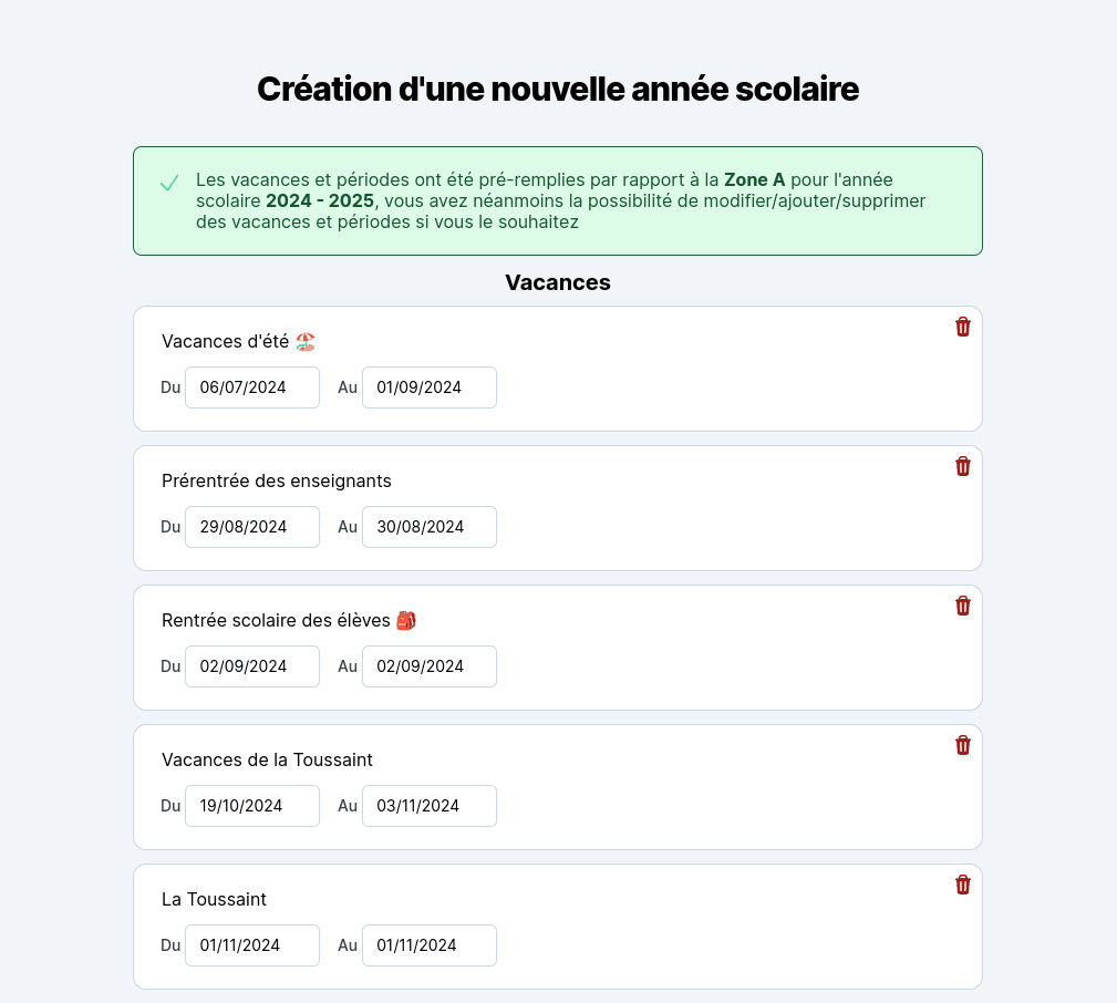 Préremplissage des vacances et périodes