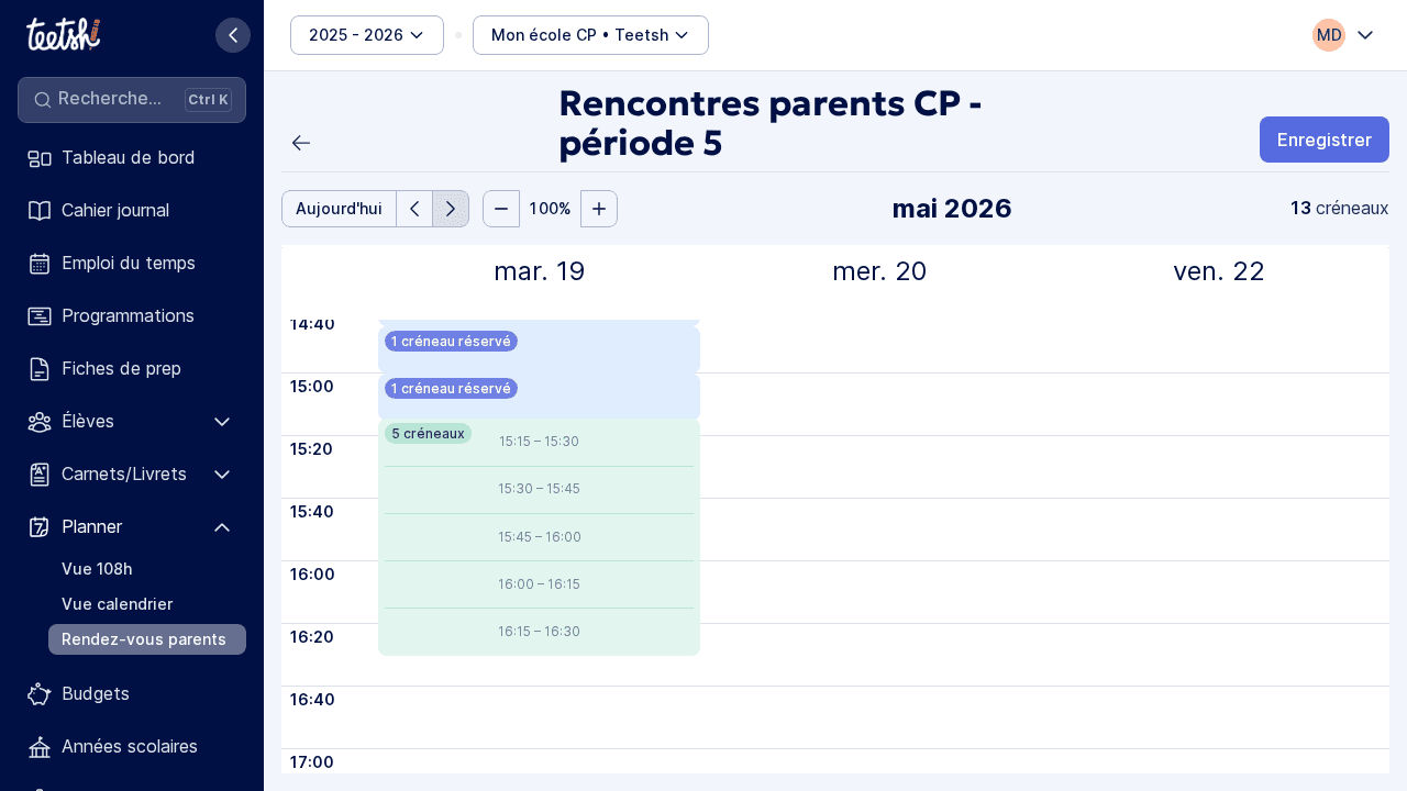 Disponibilités : créneaux proposés dans le calendrier enseignant.