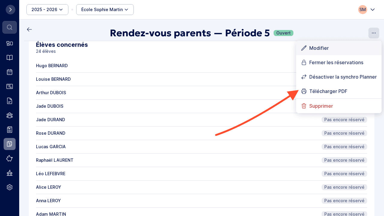 Menu Actions : option Télécharger PDF pour exporter le planning de la campagne.