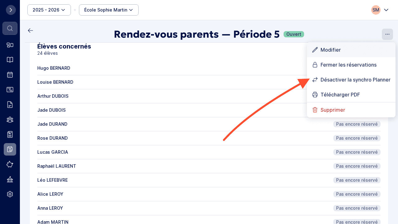 Menu Actions : option pour activer ou désactiver la synchronisation avec le Planner.