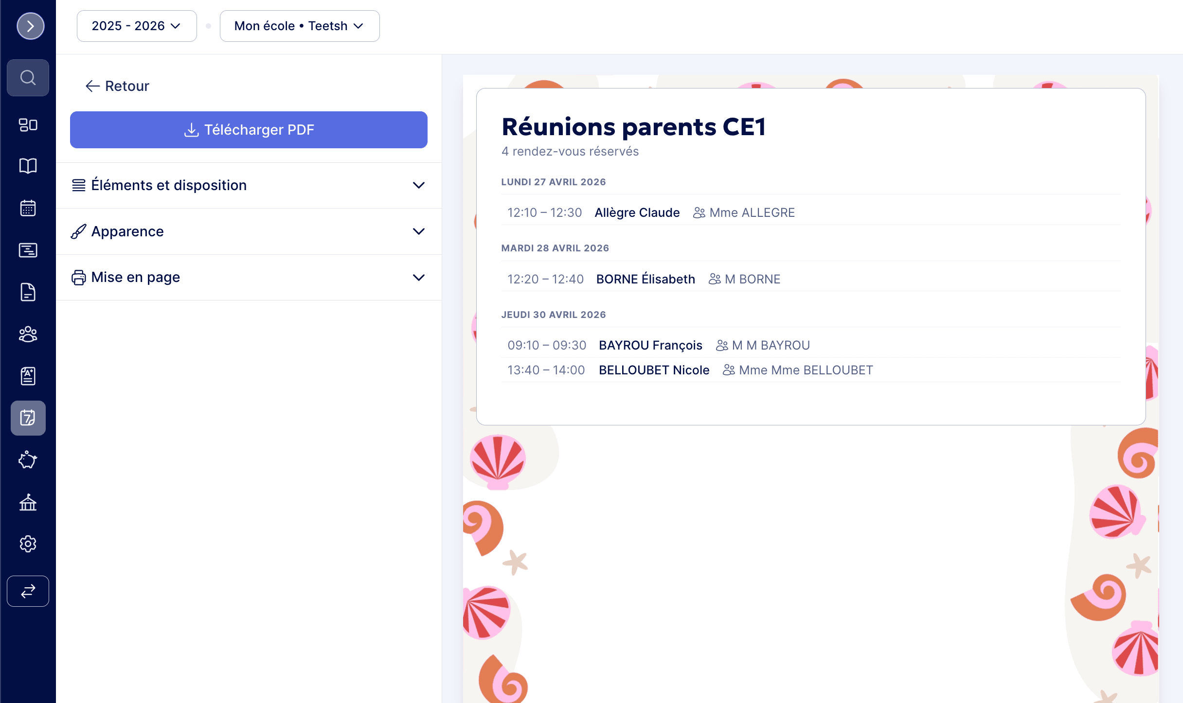 PDF du planning : créneaux réservés avec horaires et familles correspondantes.