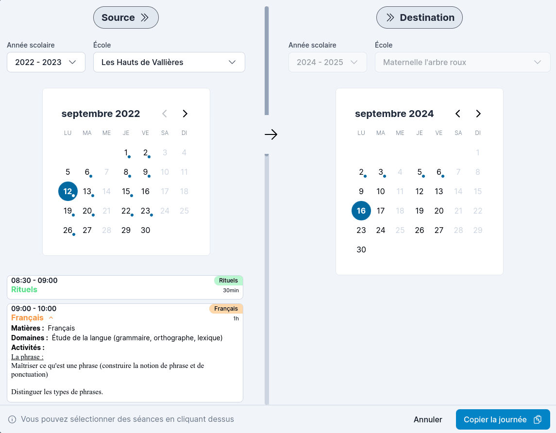 Configuration de la source et de la destination des séance du cahier journal