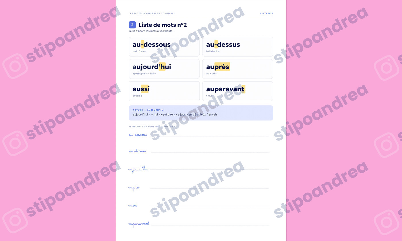 Aperçu Dictée mots invariables