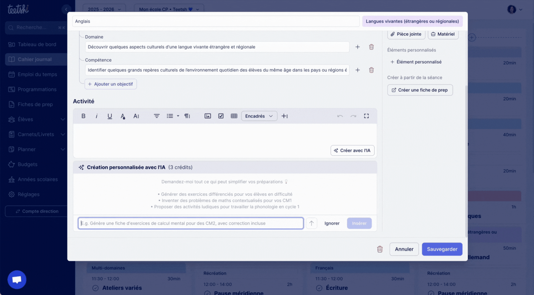 Aperçu Créer avec l’IA pour l’édition d’une séance dans le Cahier journal