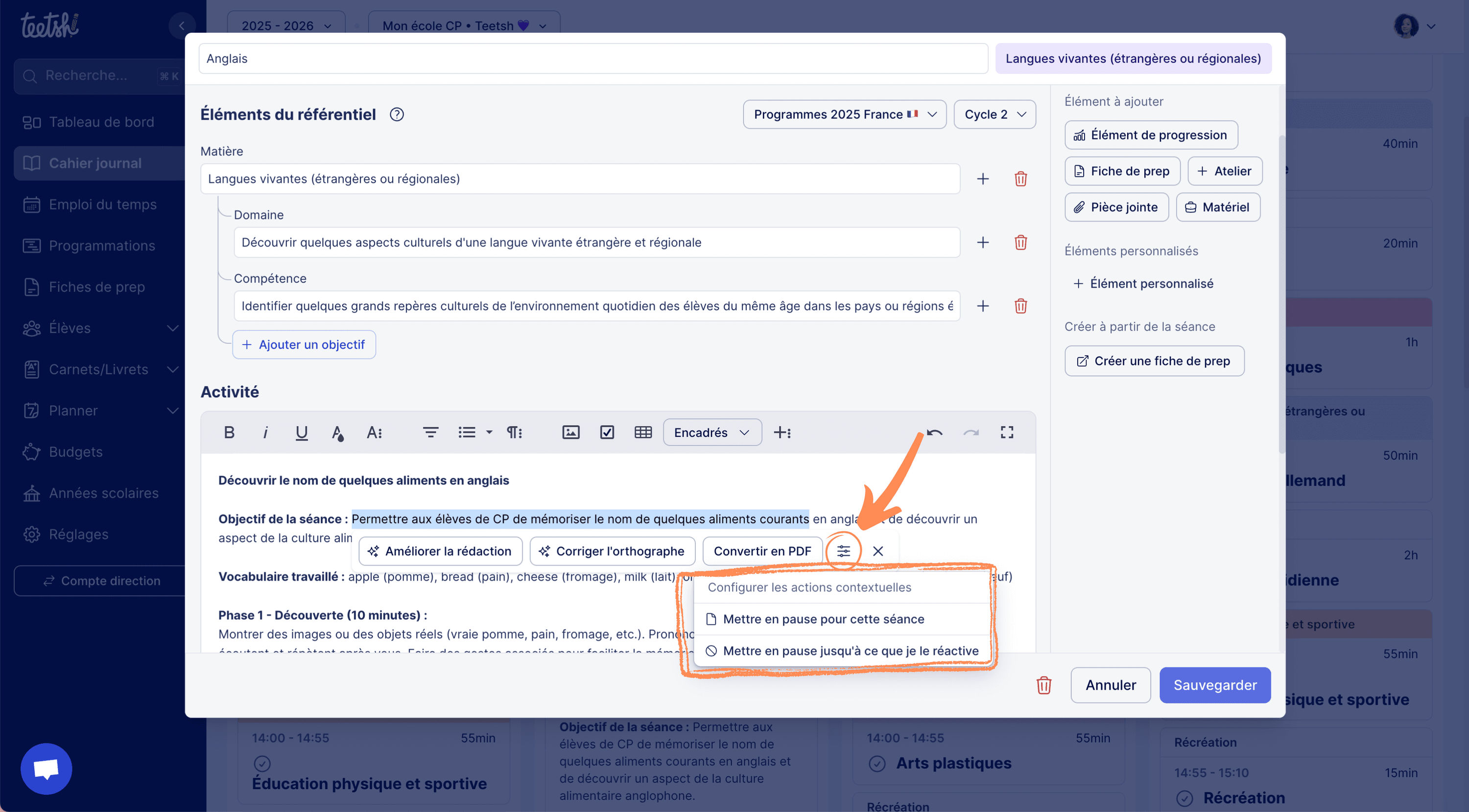 Aperçu Configurer les actions contextuelles