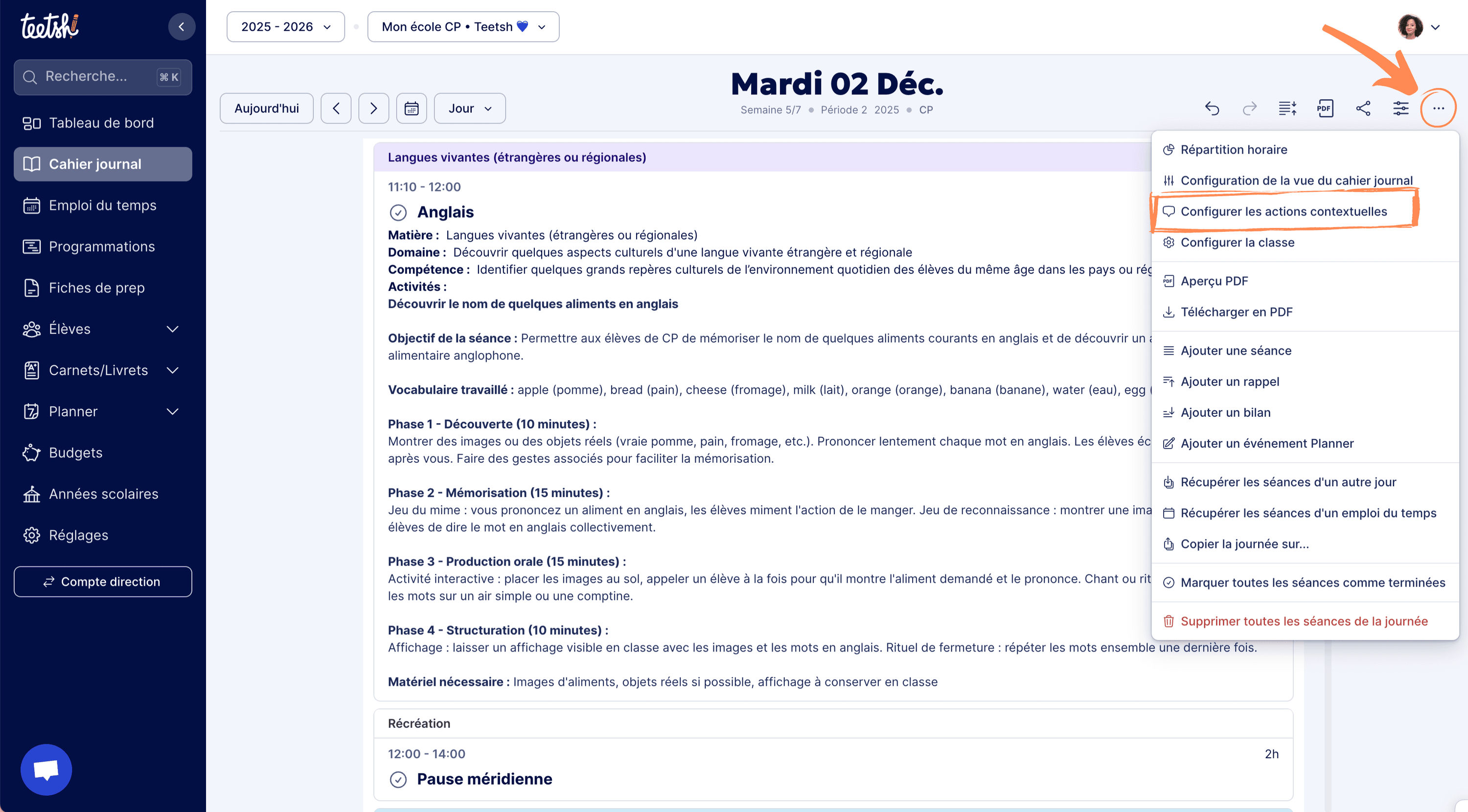 Aperçu Accès à la configuration des actions contextuelles depuis les réglages du Cahier journal