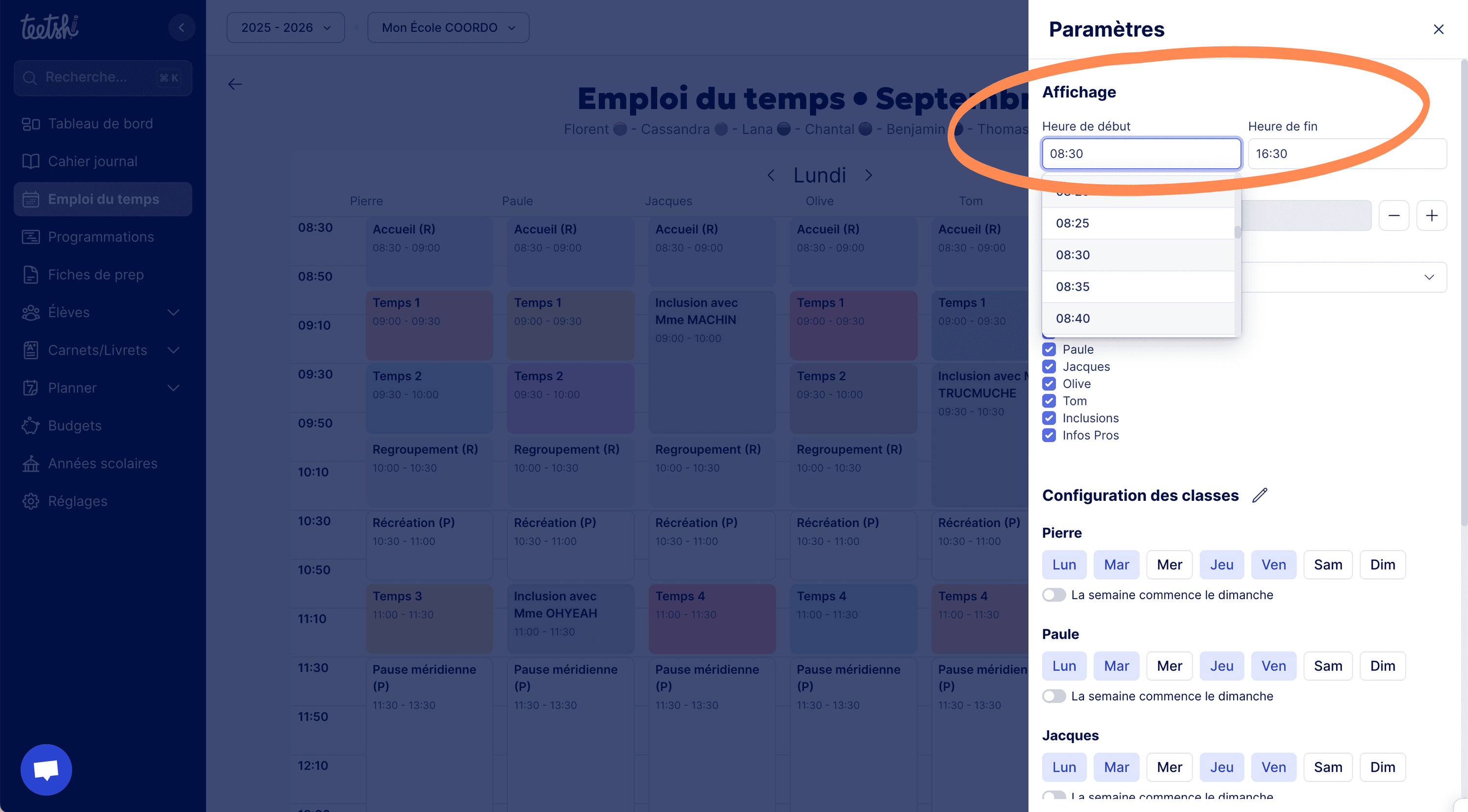 Aperçu Définir les heures de début et fin de journée
