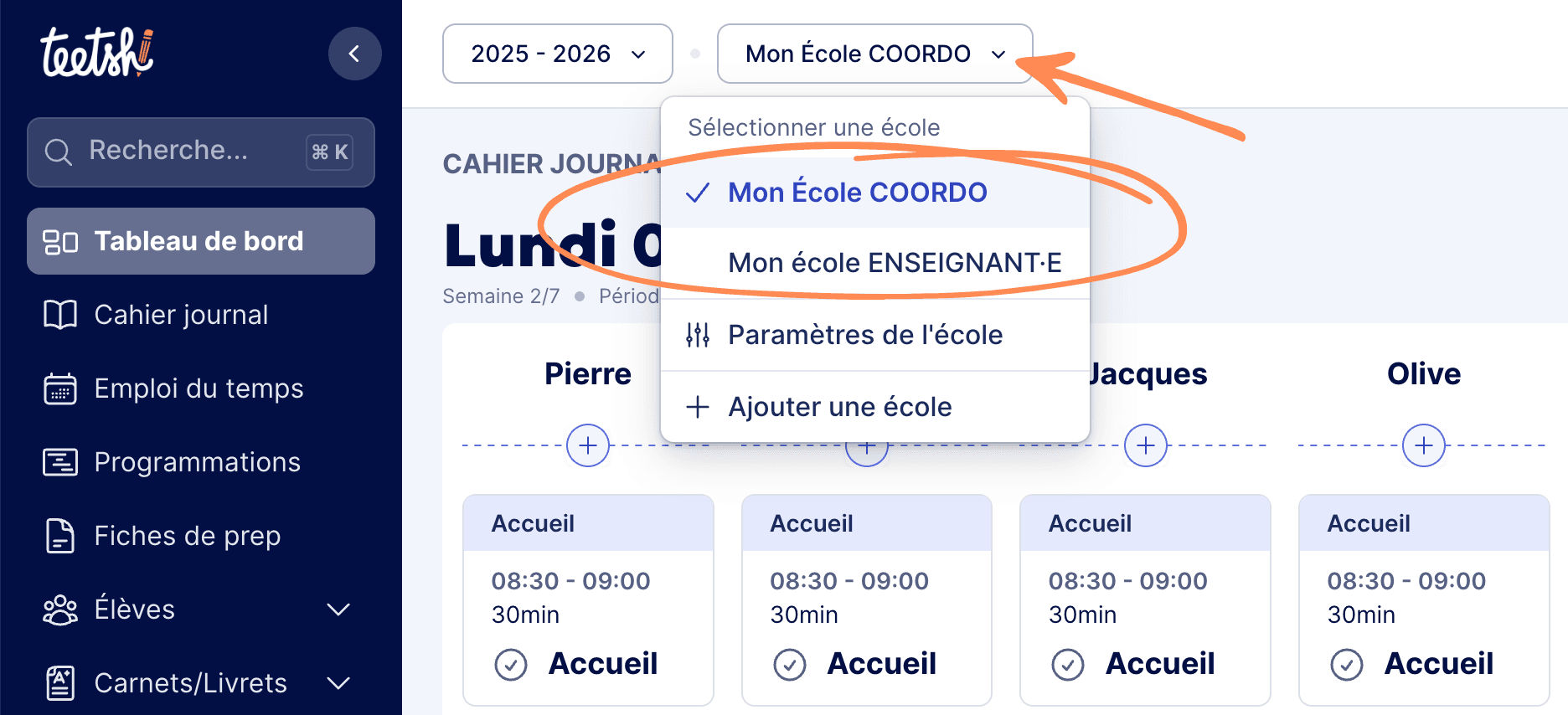 Aperçu Compte Teetsh avec 2 écoles : 1 COORDO / 1 ENSEIGNANT·E