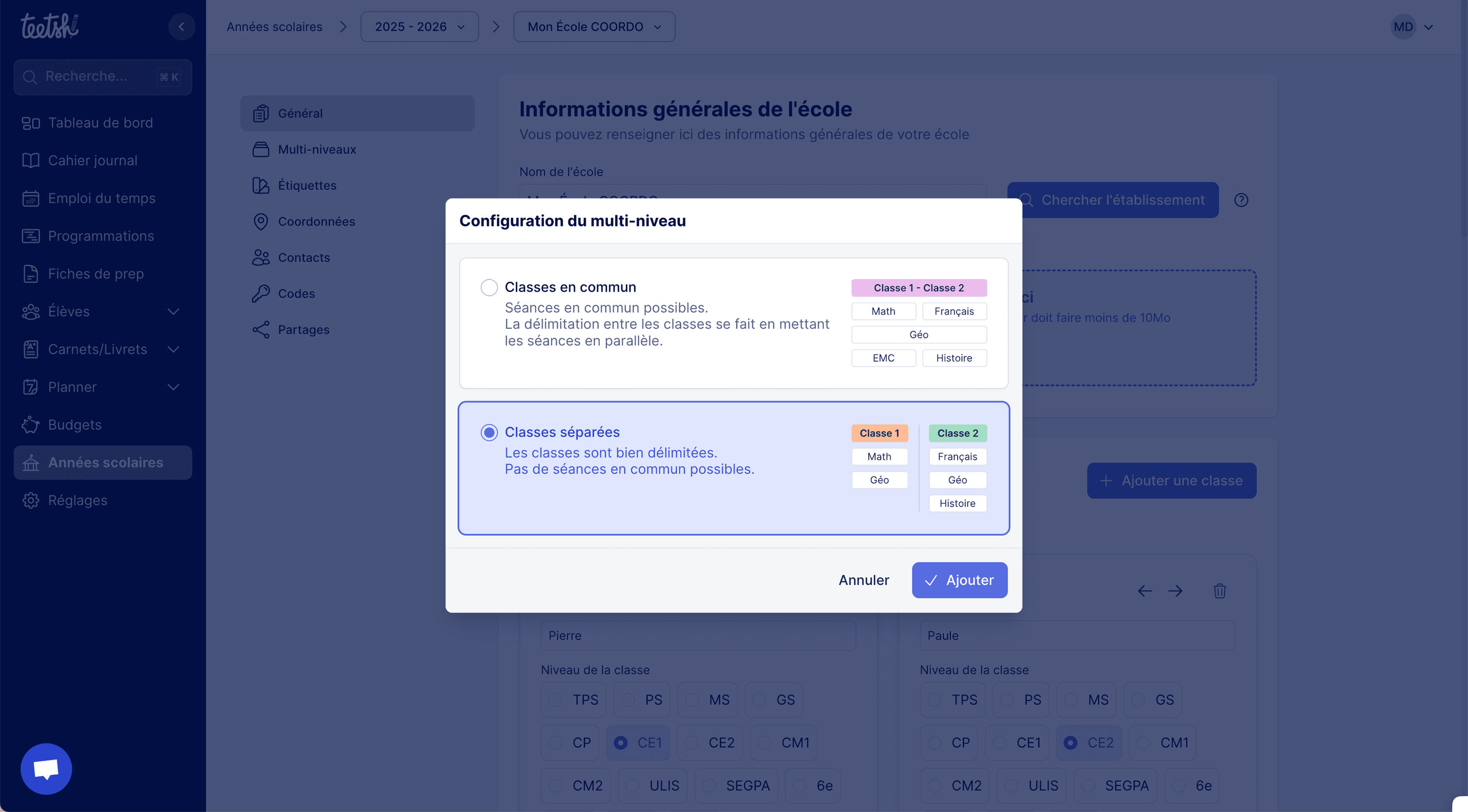 Aperçu Configuration du multiniveau en “Classe séparées”