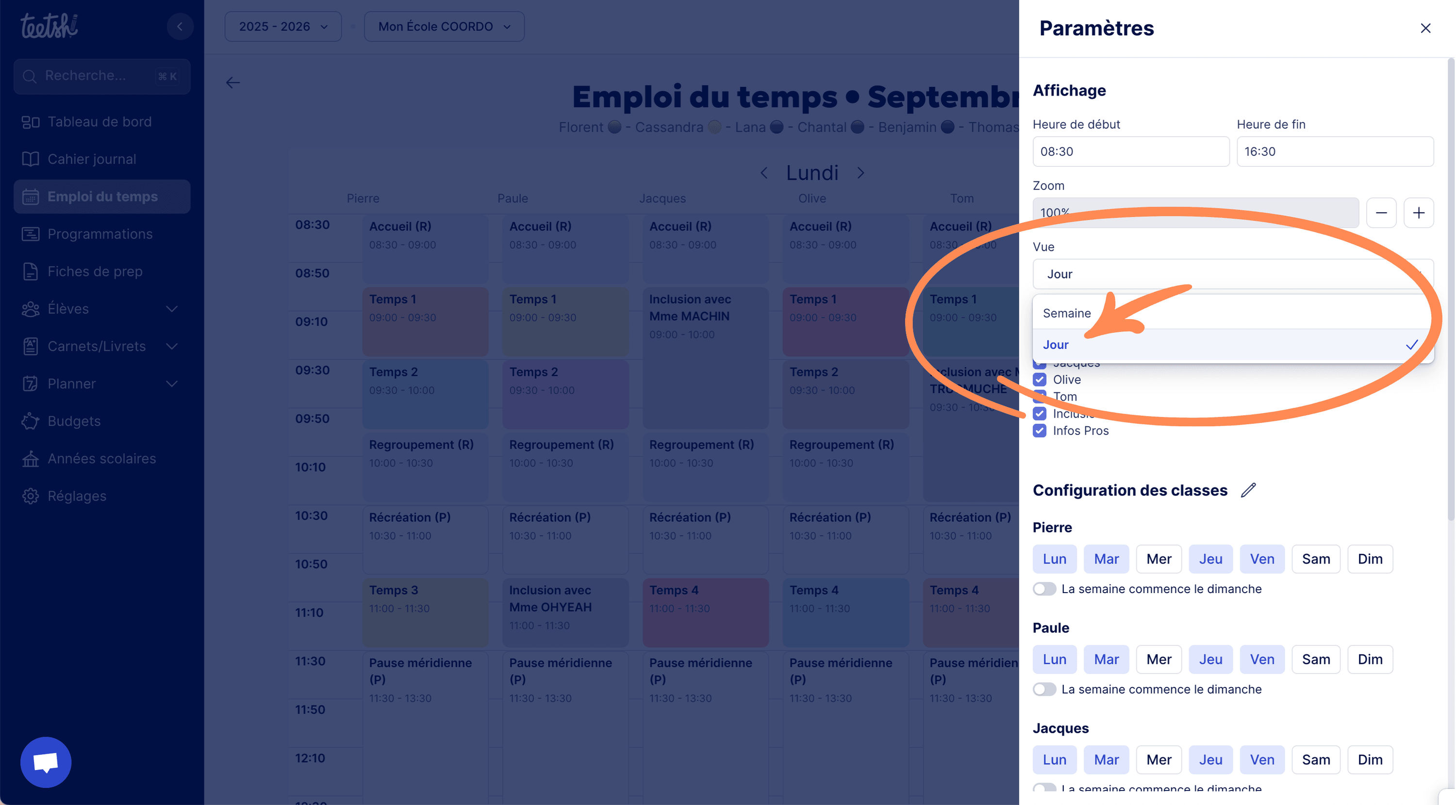 Aperçu Sélectionner la Vue Jour