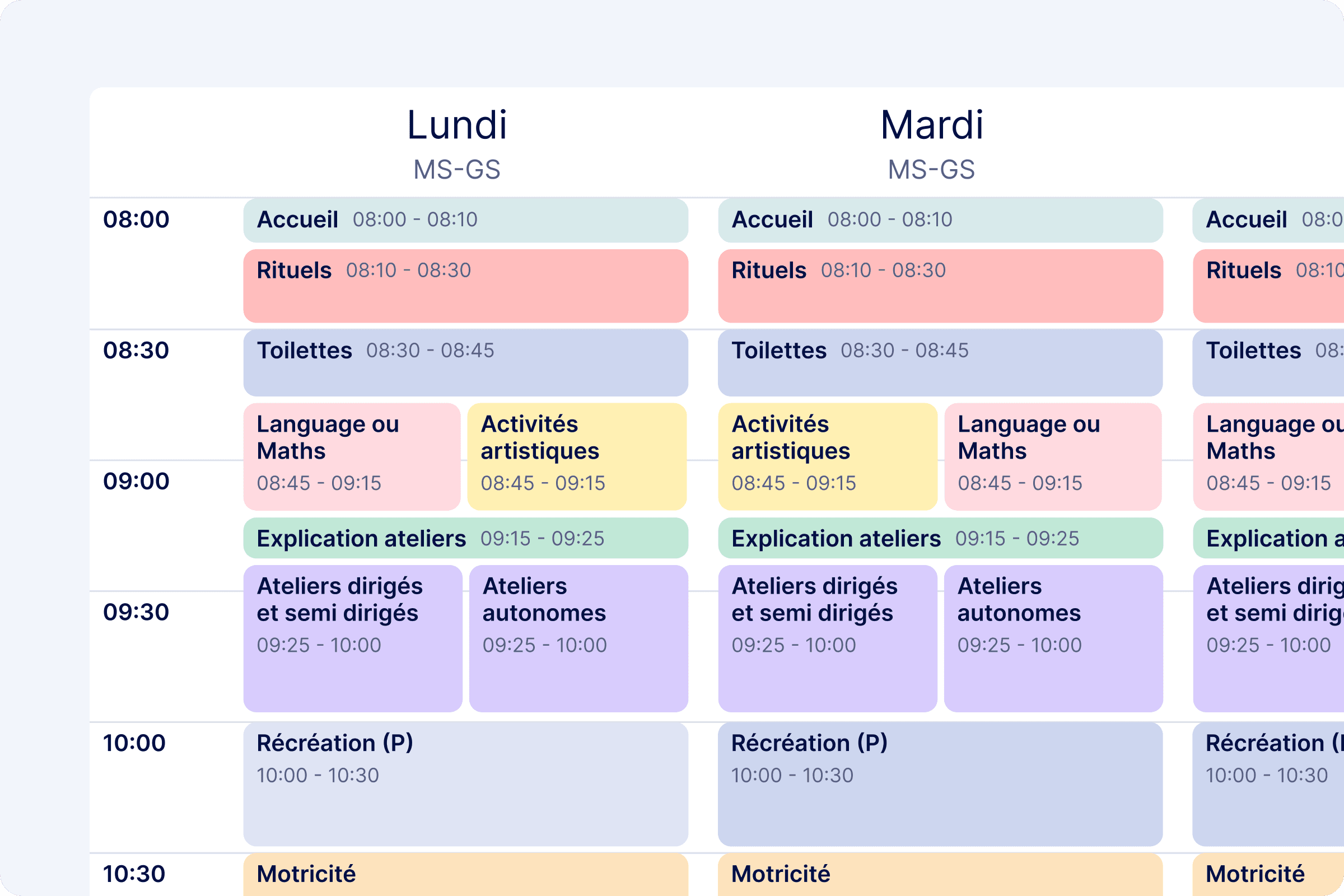 Aperçu Emploi du temps Teetsh - Structure des journées