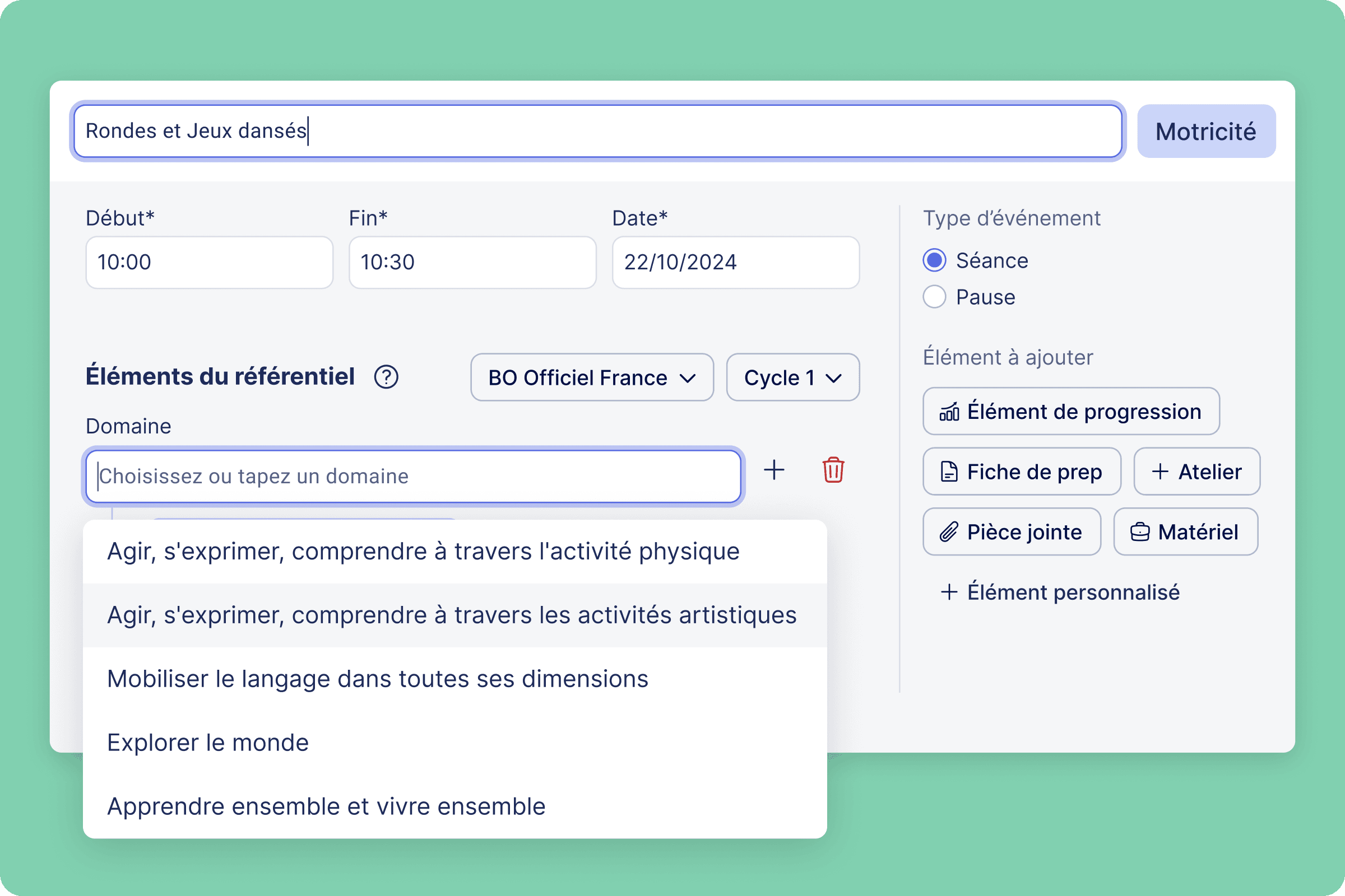 Aperçu Détails d'une séance - Programmes pré-intégrés