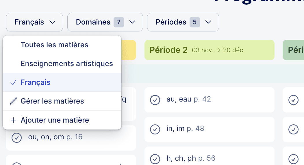 Aperçu de la vue multi-matières d