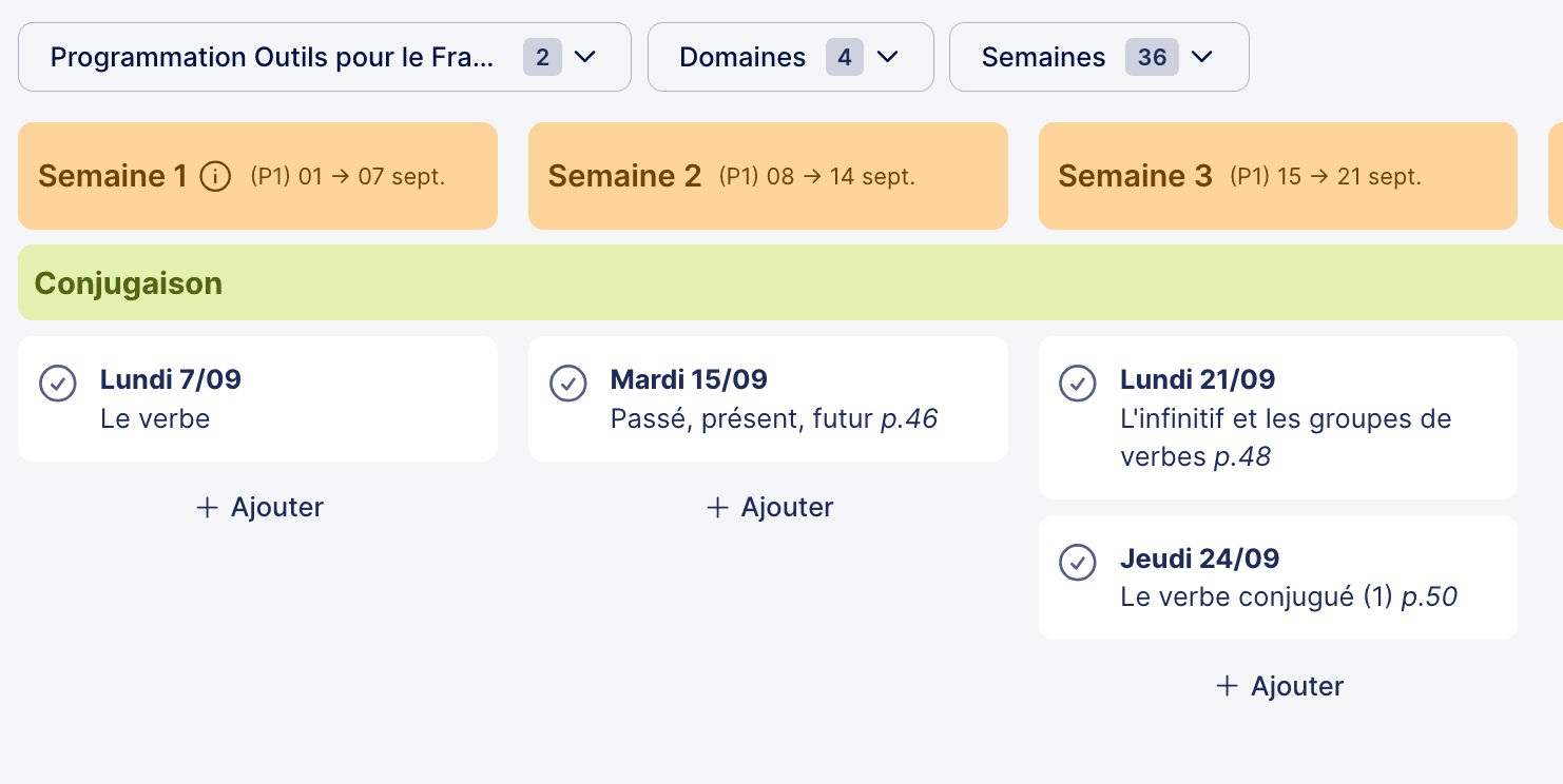 vue par semaine des progressions dans Teetsh